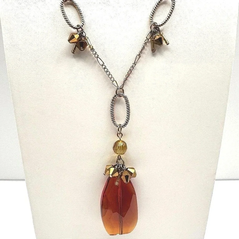 Vintage 90s Amber Citrine Glass Pendant Necklace Gold Tone Beaded Boho Statement